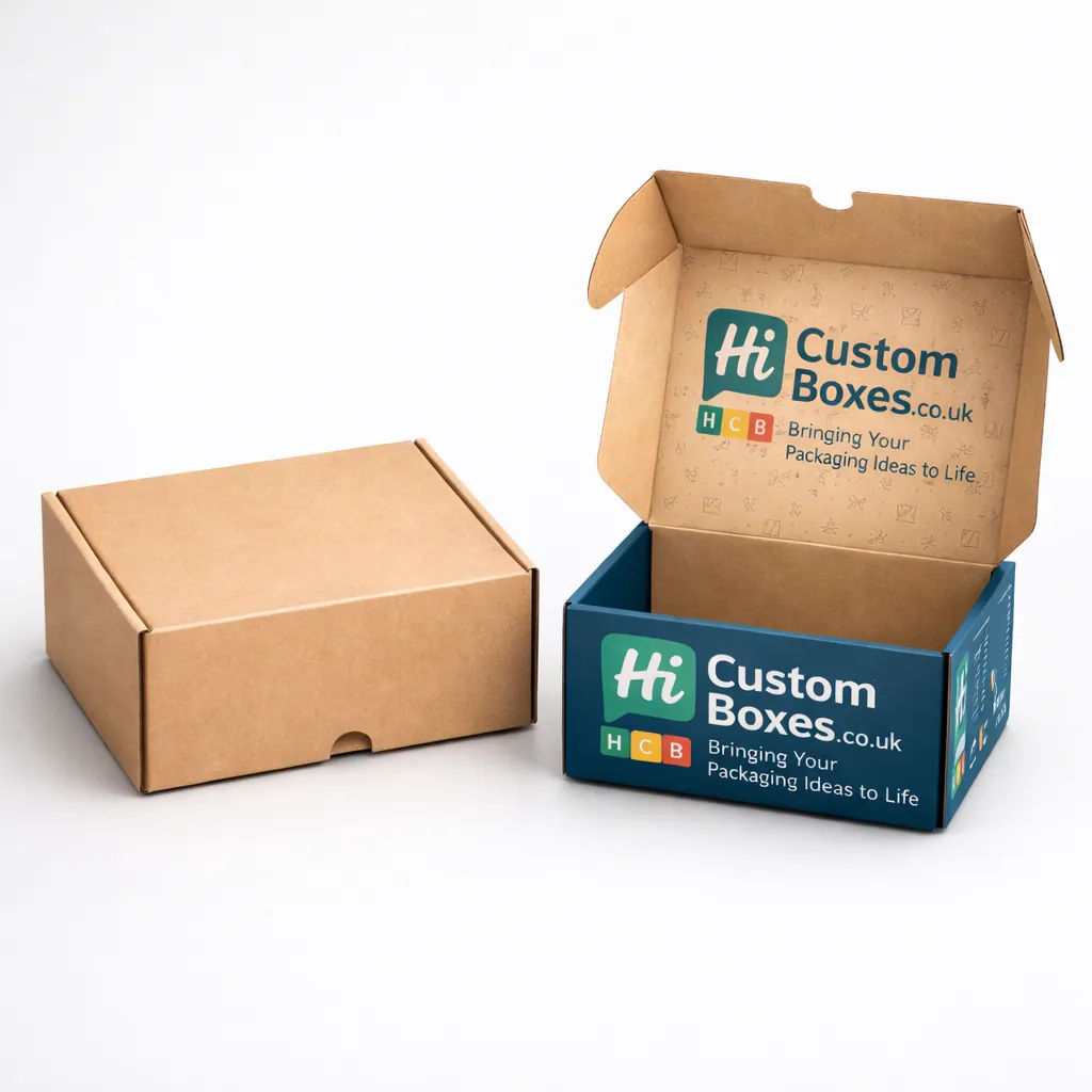 A closed brown mailer beside an open teal box showing internal branding and a pattern. class=